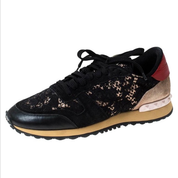 VALENTINO Multicolor Suede Leather & Macramé Lace Rockrunner Sneakers Size 37.5 - Picture 3 of 14